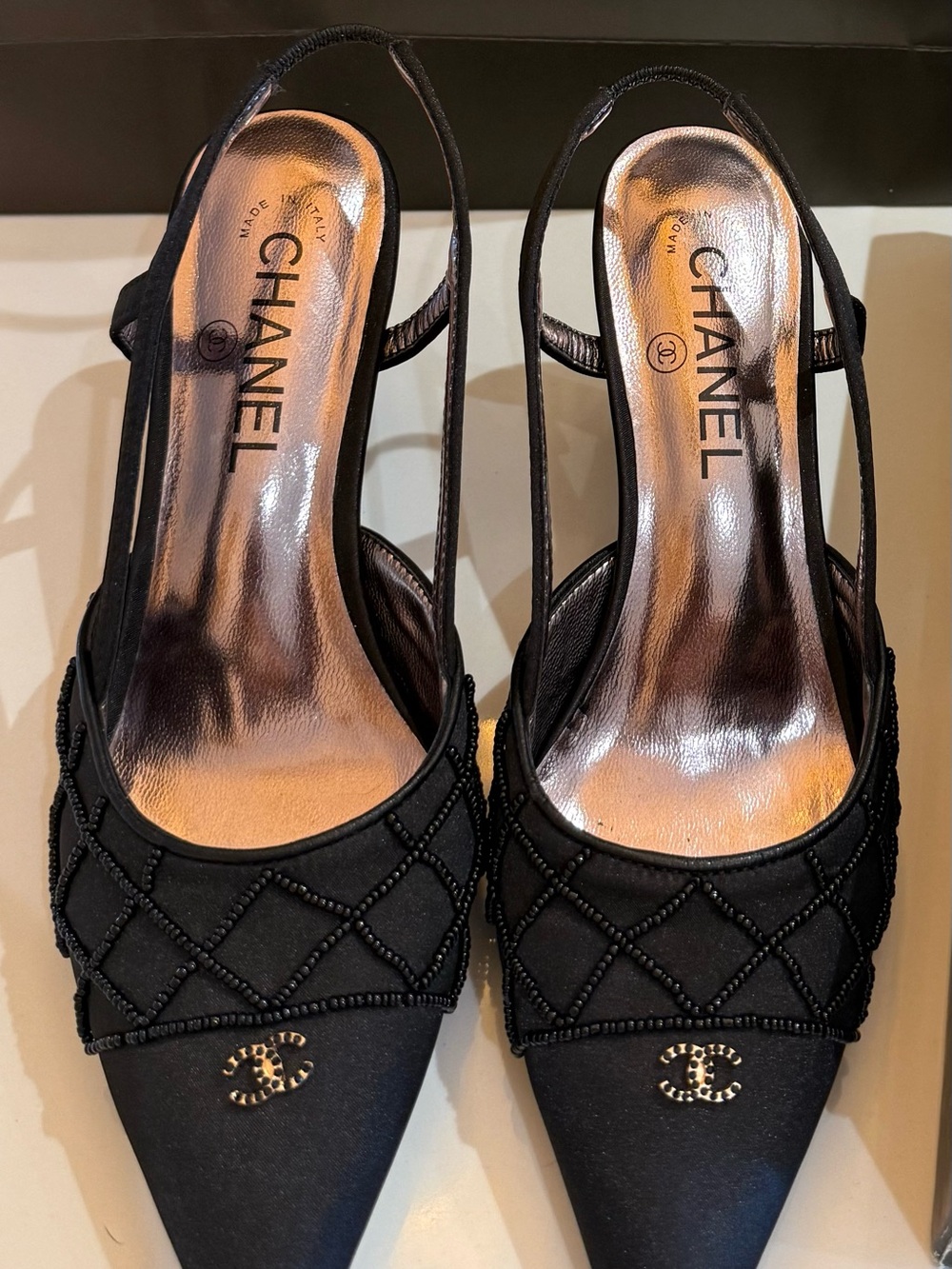 Gently Worn CHANEL Black Beaded Slingback Pointed-Toe Pumps. Vintage! - Picture 2 of 16